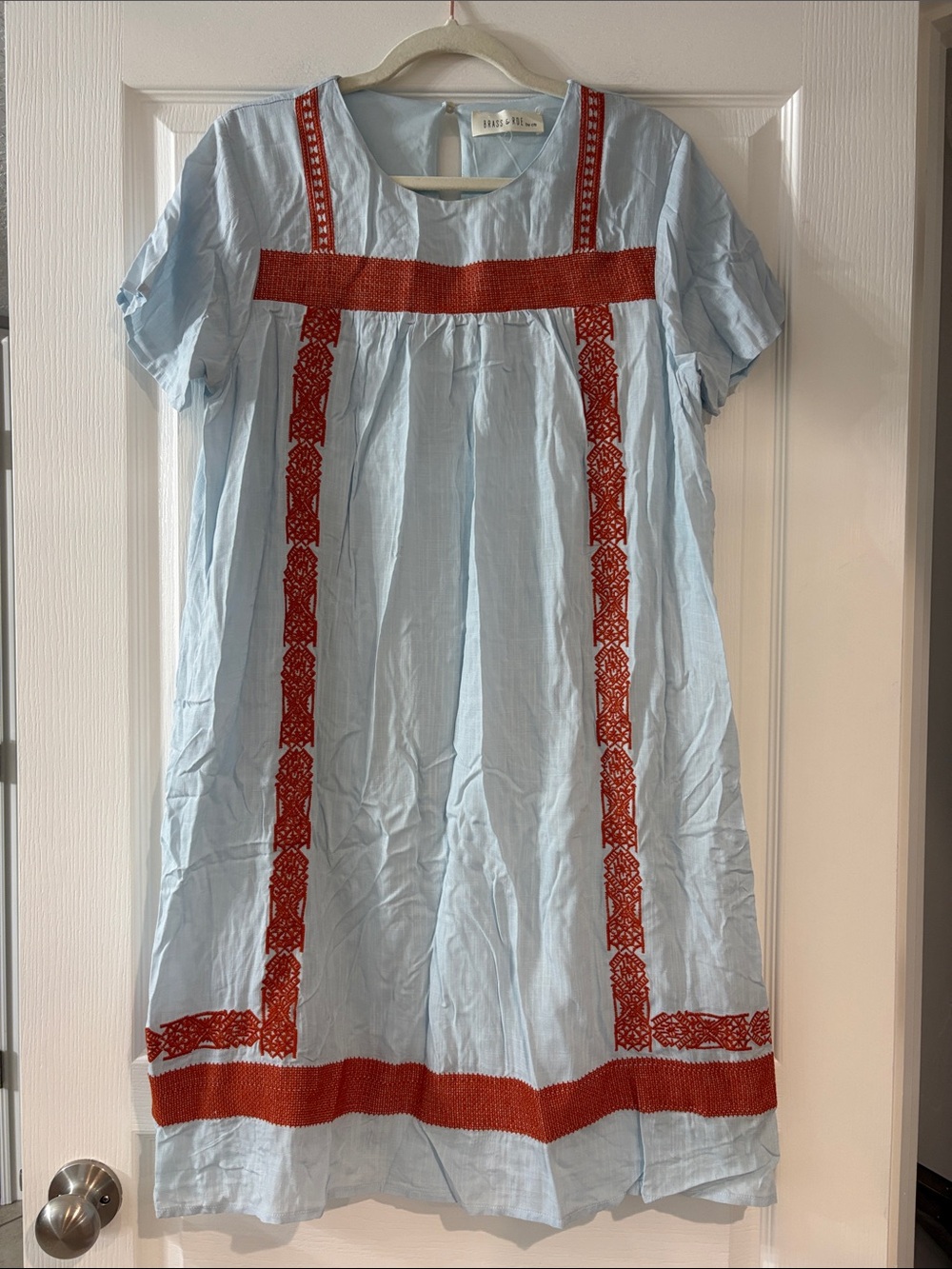 NWOT Brass & Roe Light Blue Casual Dress with Embroidered Red Trim